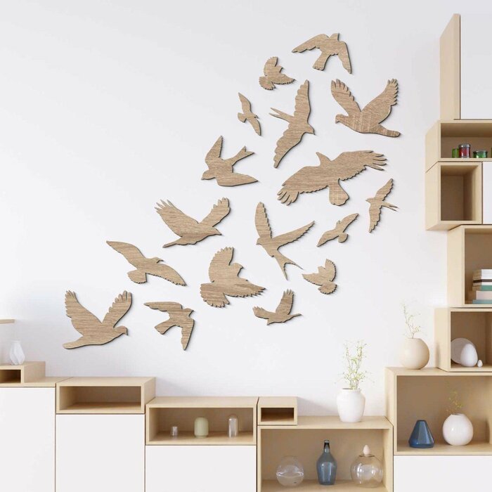 Drevená samolepka vtáčiky na stenu 8 ks | Dub Sonoma