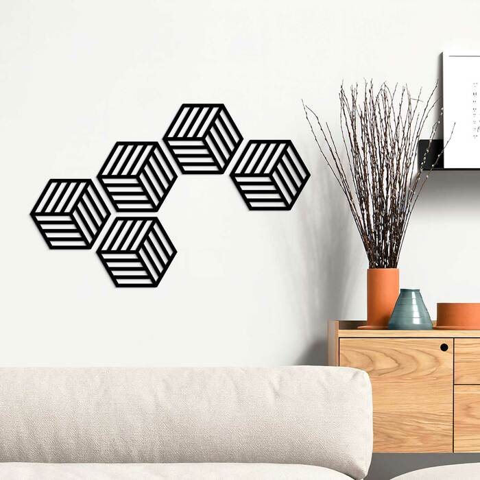 Drevená dekorácia na stenu - Hexagóny (5 ks) | Čierna