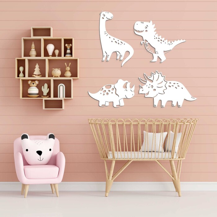 Autocolante de perete pentru camera copiilor - Dinozauri jucăuși | Alb