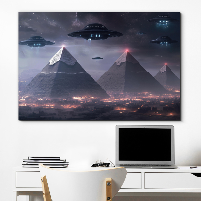 Futuristic image of pyramids and UFO - Star apocalypse