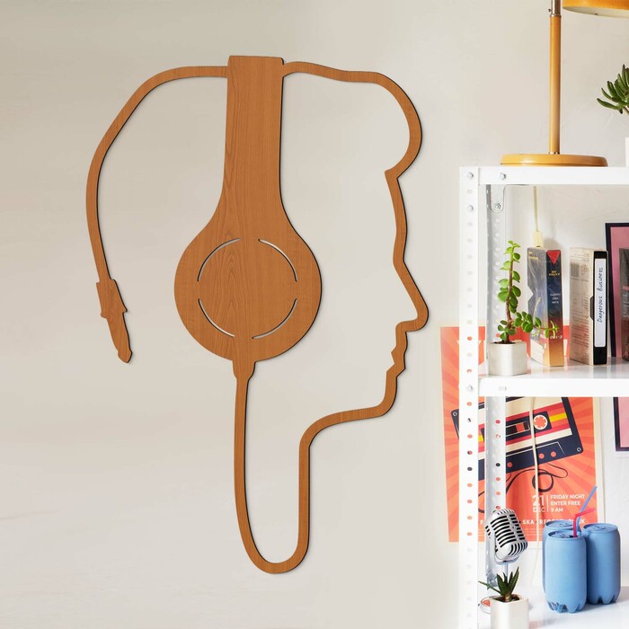 Wooden Wall Art of Music - Man with Headphones | Cherry