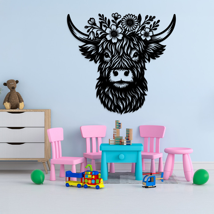 Drevený obraz zvieraťa - Kravička s kvetmi | Čierna