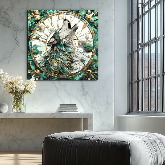 Dřevěný obraz vlka - Mystická vitráž