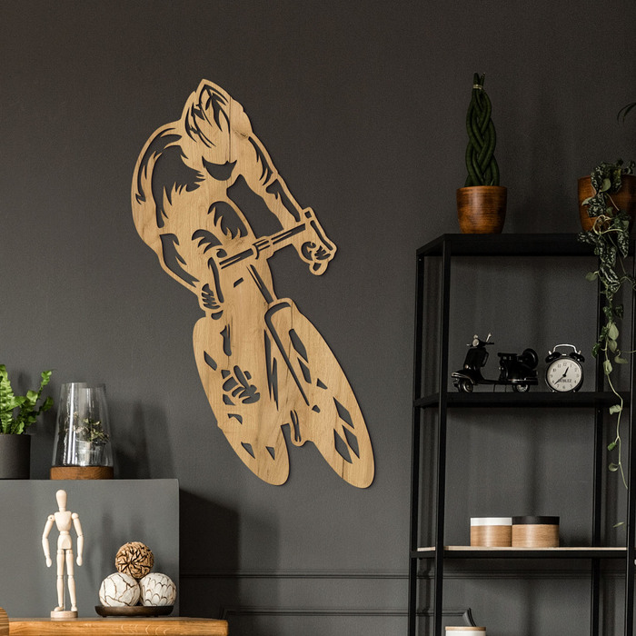 Dřevěná nástěnná dekorace - Cyklista a kolo | Dub zlatý