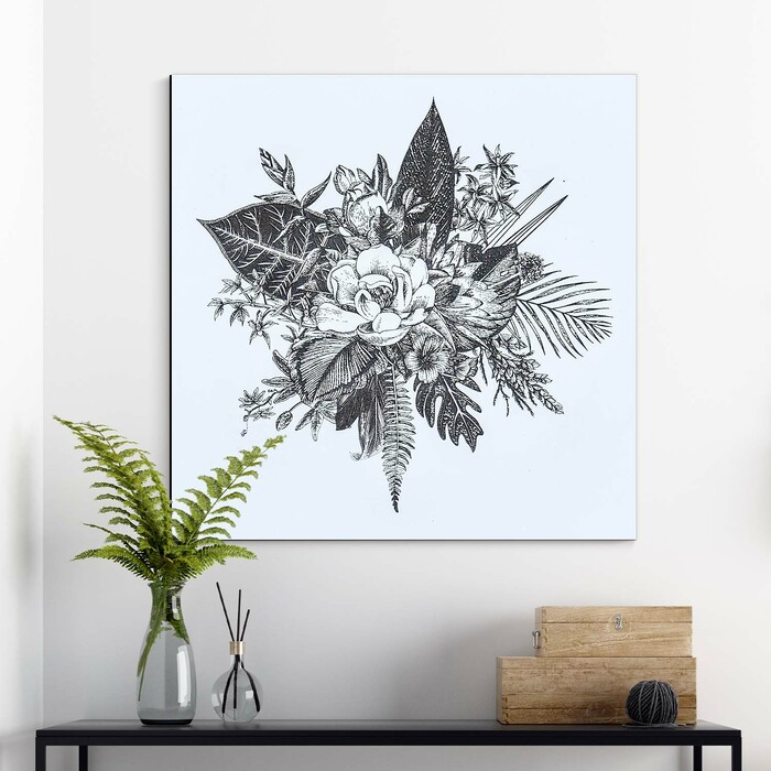 Dřevěný obraz - kresba květin | Bílá