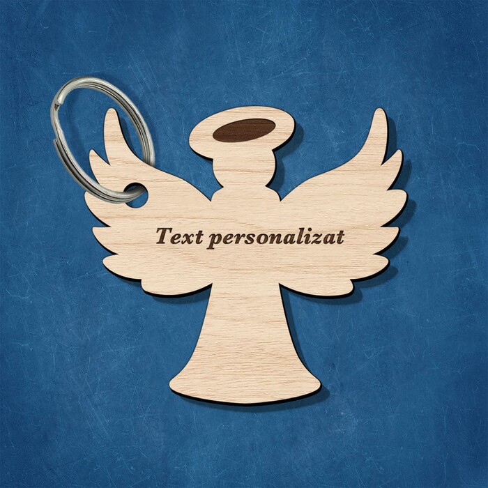 Breloc din lemn - Înger cu text personalizat