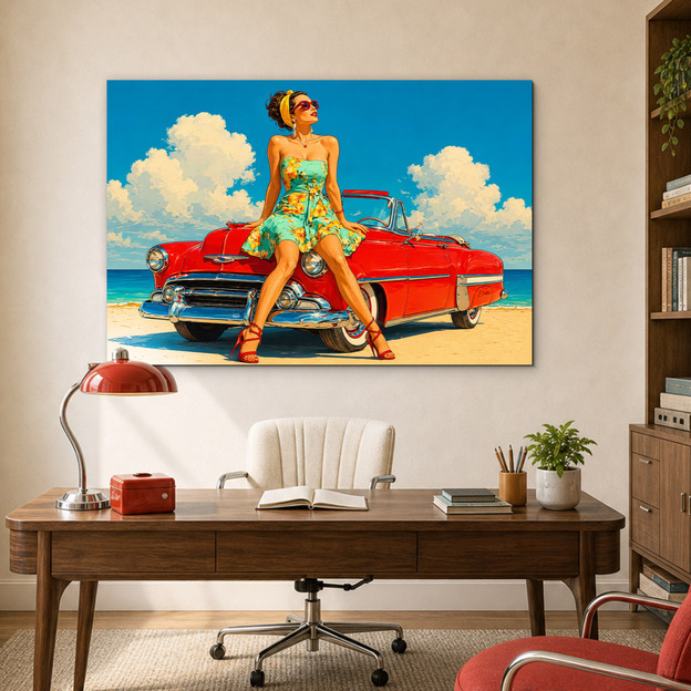 Pin-up obraz na stěnu - Dívka u kabrioletu