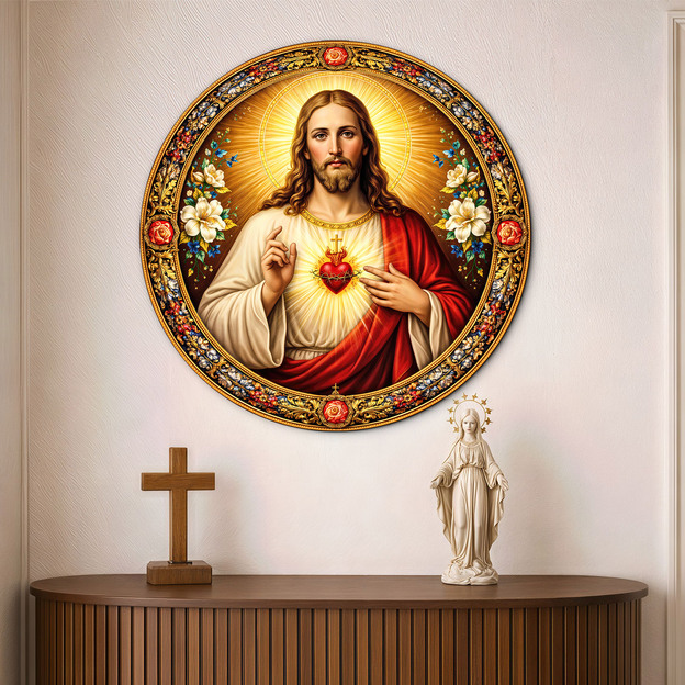 Drevený obraz Ježiša - Božské Srdce