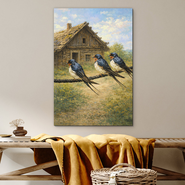 Vidiecky obraz na dreve - Lastovičky