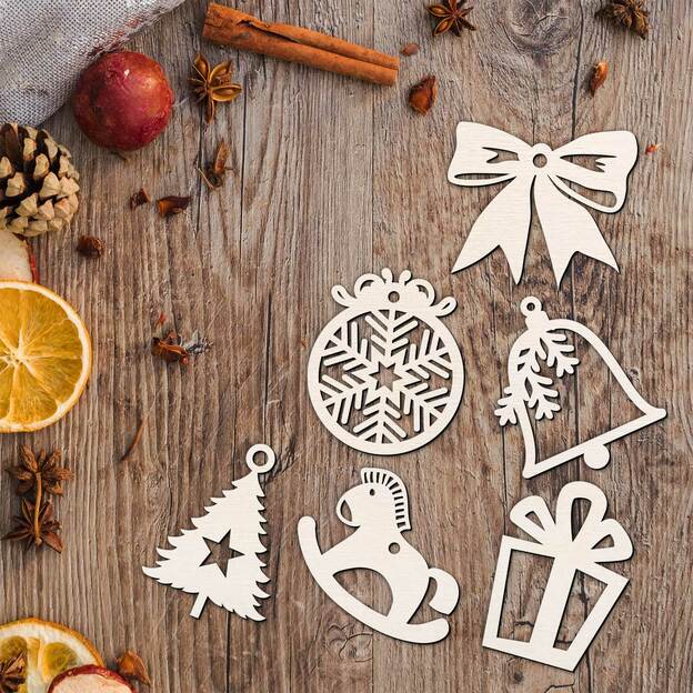 Drevené vianočné ozdoby - Set 6 druhov po 4 ks (24ks) 