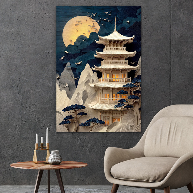 Japanese 3D wall art with a pagoda