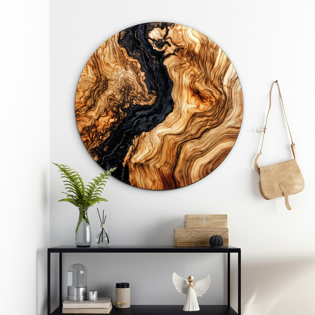 Round wooden picture with black resin effect - Ignis