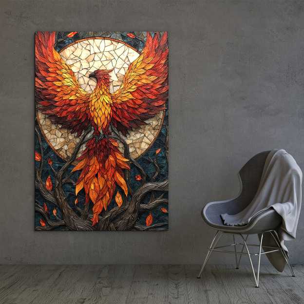 Mosaic image on wood - Stained glass phoenix