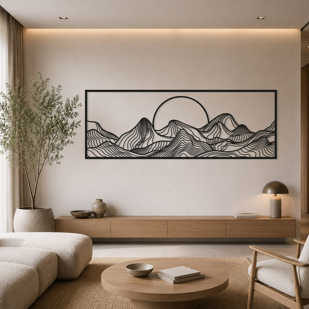 Line art drevený obraz - Hory so slnkom