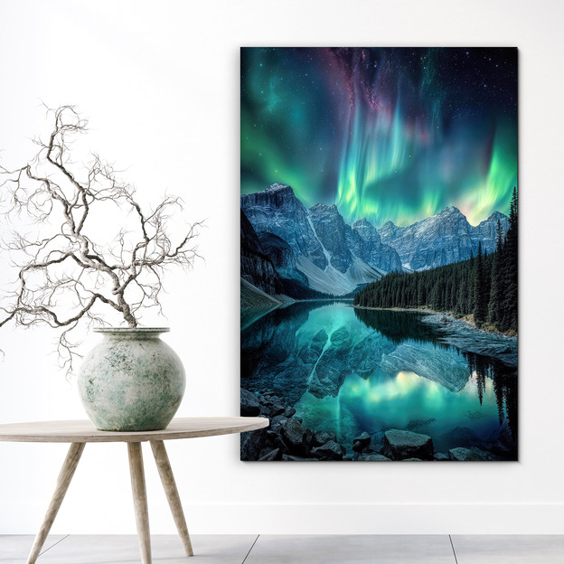 Drevený obraz hôr - Polárna žiara