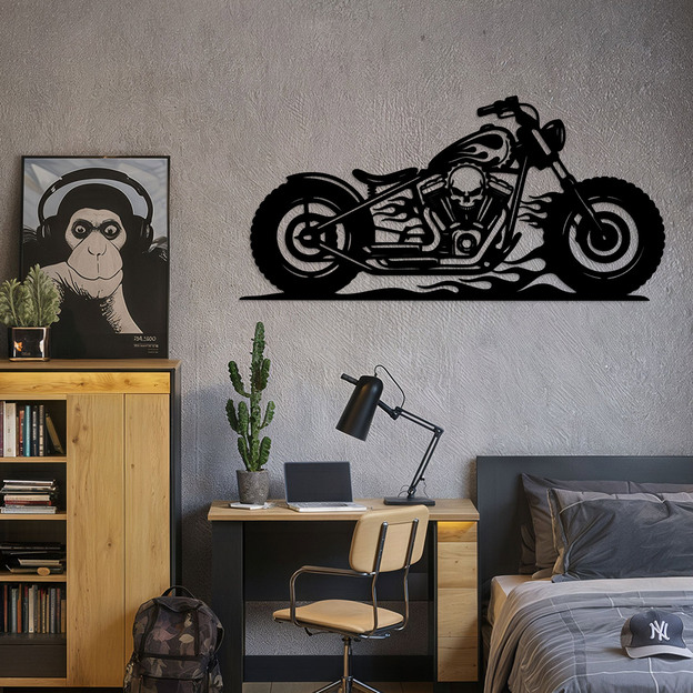Drevený obraz motorky - Chopper s lebkou
