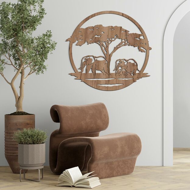 Wooden Wall Art - Elephants under the Acacia
