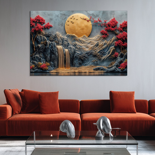 Wooden picture - Golden moon over the waterfall
