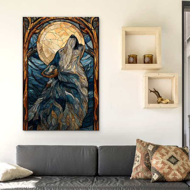 Drevený obraz - Vlk v štýle vitráže