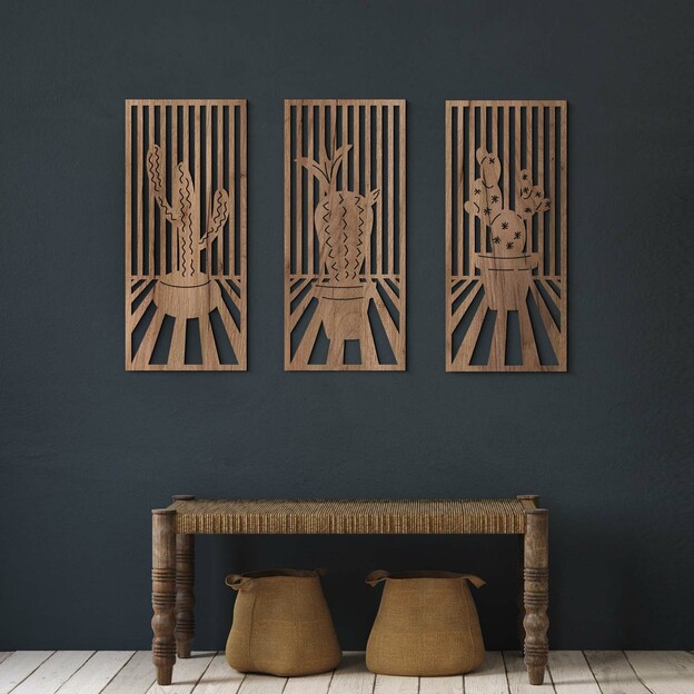 3 Piece Wooden Wall Art - Cacti