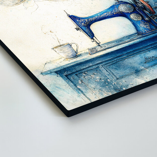 Modrý vintage obraz - Šijací stroj a kvety