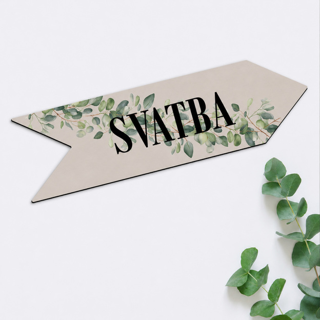 Dřevěná směrová šipka - Svatba a eukalyptus