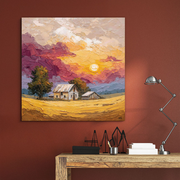 Tablou pictat - Apus de soare deasupra unui câmp