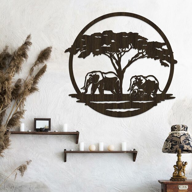 Wooden Wall Art - Elephants under the Acacia