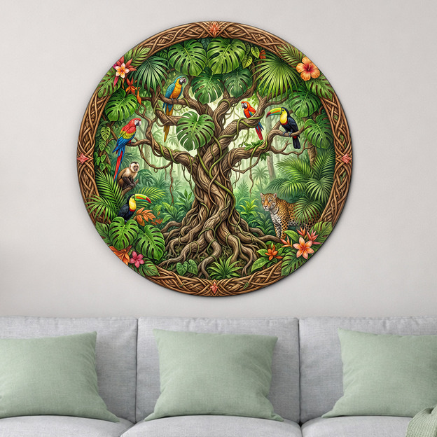 Drevený obraz stromu života - Raj papagájov