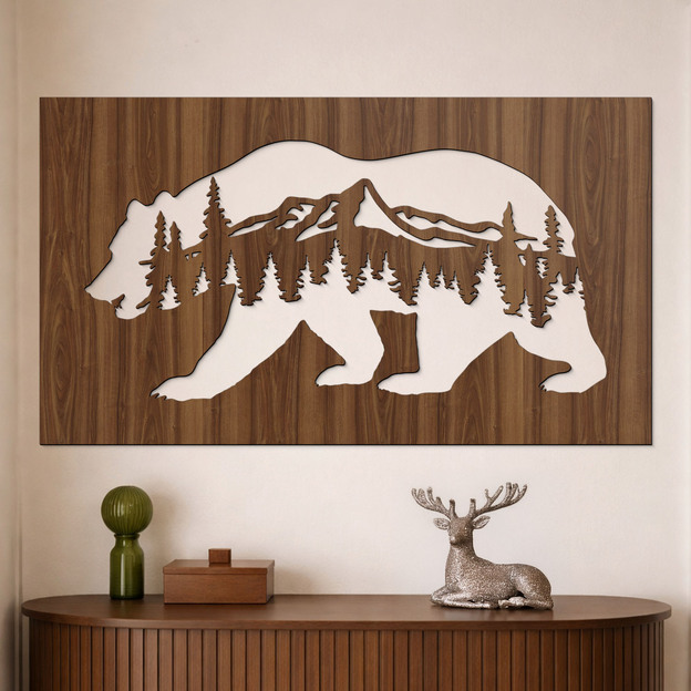 Wooden Wall Art - Bear &amp; Mountains