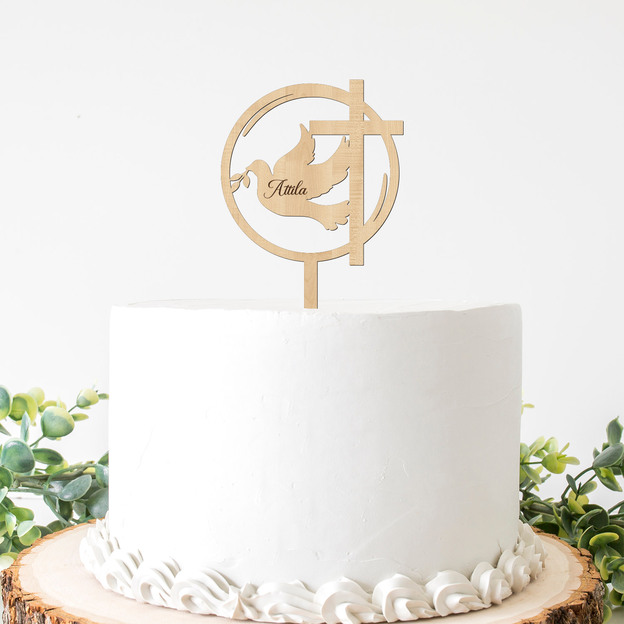 Drevený zápich na krst s menom - Holubica a kríž