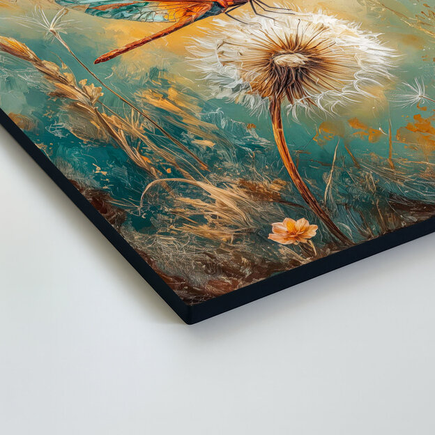 Farebný drevený obraz - Vážka na púpave