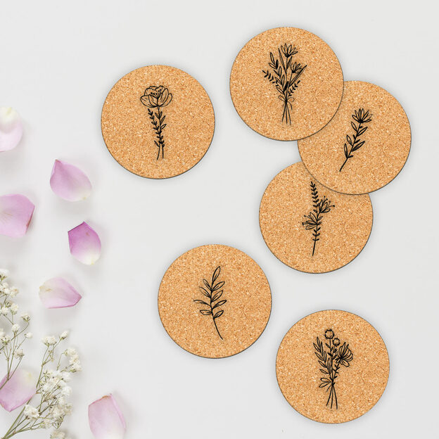 Cork Coasters for Glasses - Flowers (6 pcs)