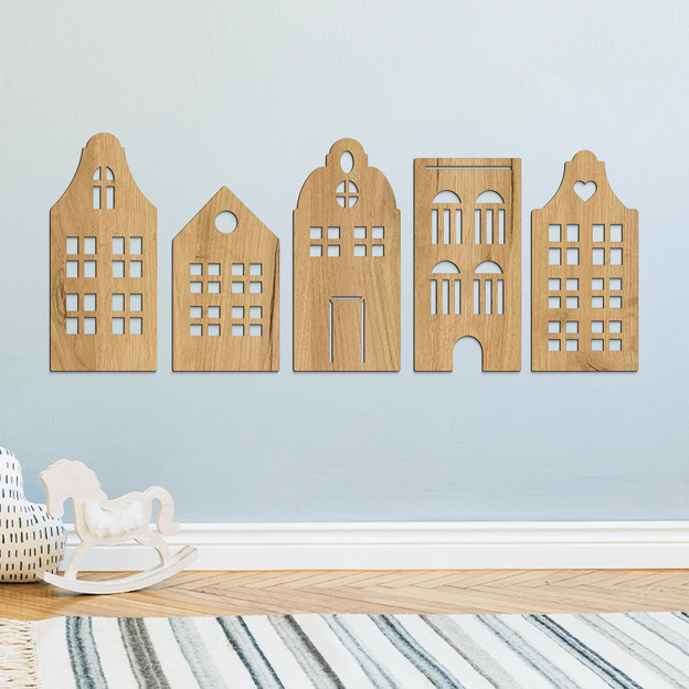 Căsuțe 3D din lemn pentru perete (5 buc)