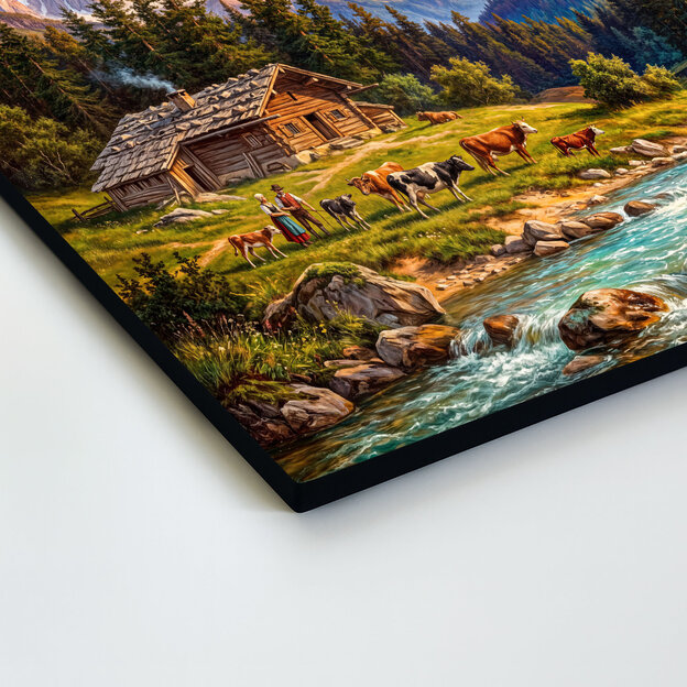 Drevený obraz - Alpská krajina s chalupou