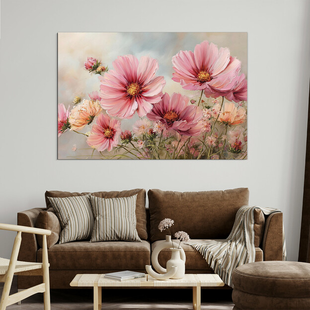 Wooden picture above the sofa - Large pink flowers