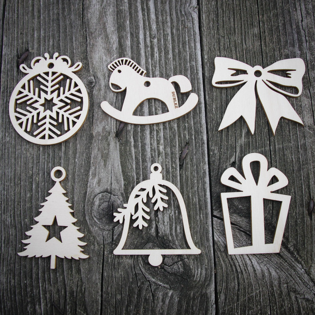 Drevené vianočné ozdoby - Set 6 druhov po 4 ks (24ks) 