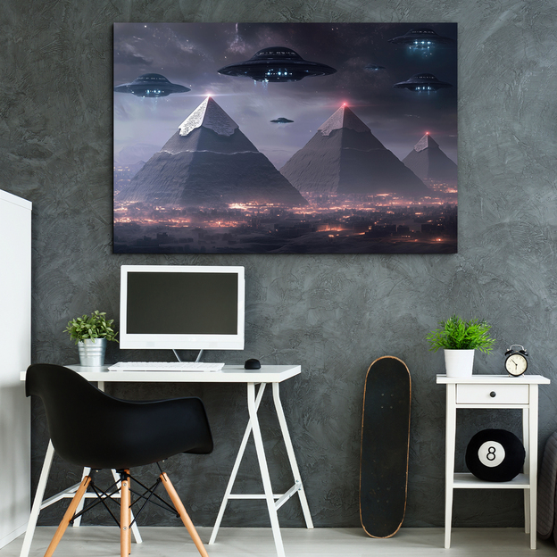 Tablou futurist cu piramide și OZN - Steaua apocalipsei