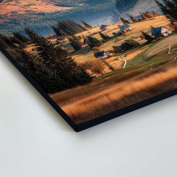 Fából készült kép - Falu a hegyek ölelésében