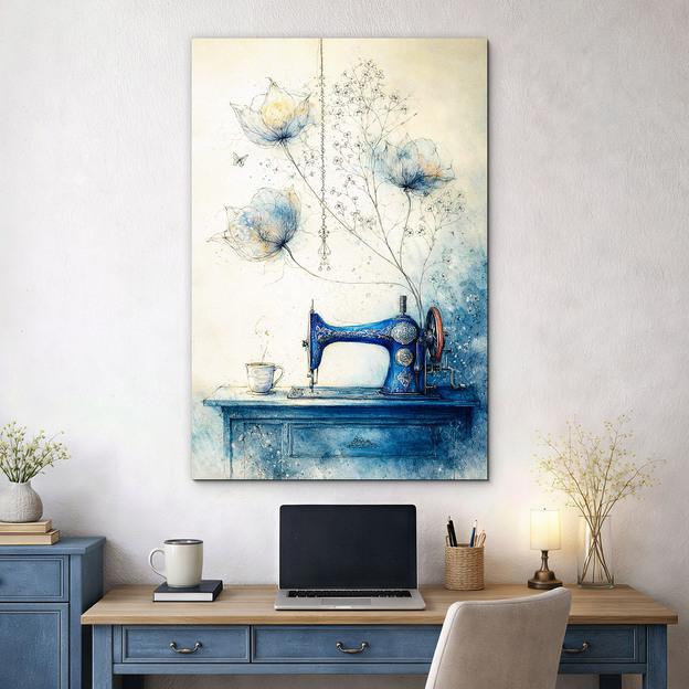 Modrý vintage obraz - Šijací stroj a kvety