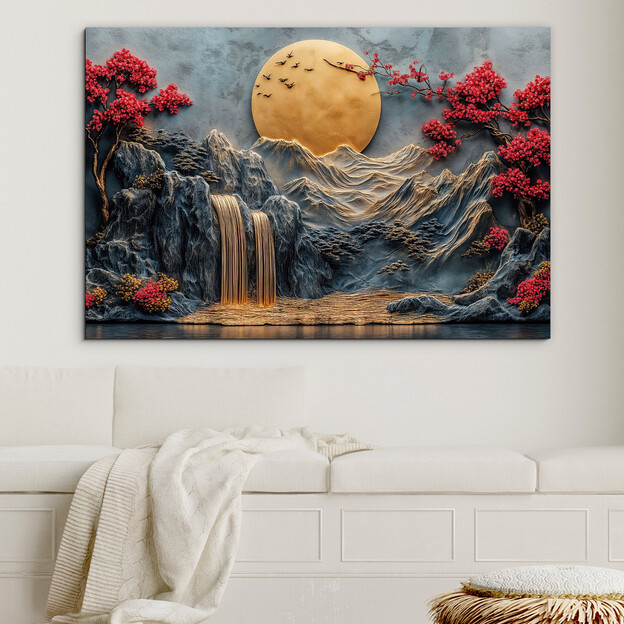 Wooden picture - Golden moon over the waterfall