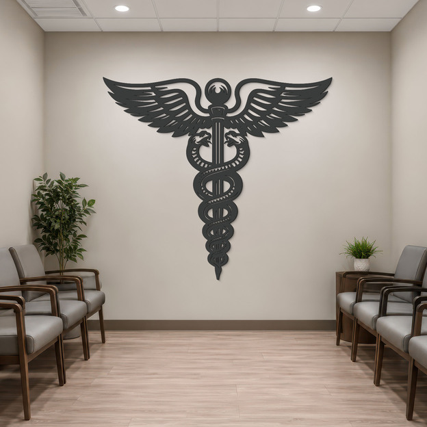 Drevený obraz do ambulancie - Caduceus