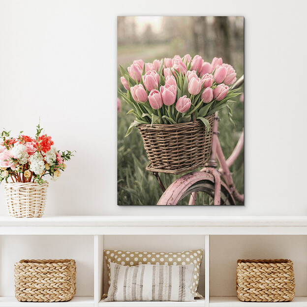 Dřevěný obraz na zeď - Tulipány na kole