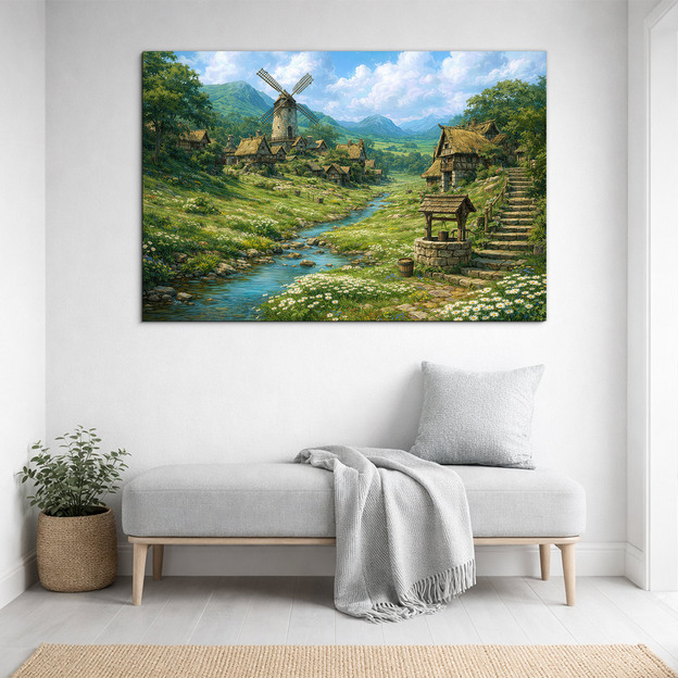 Dřevěný obraz krajinky - Vesnice s mlýnem