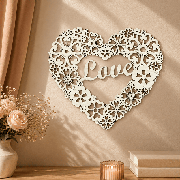 Dřevěný ozdobný věnec na dveře - Srdce s nápisem Love