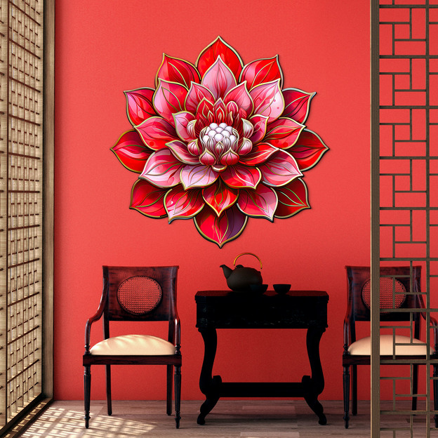 Floral decoration on wood - Red lotus