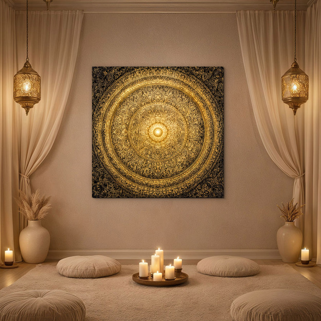 Drevený obraz zlatej mandaly - Dharma