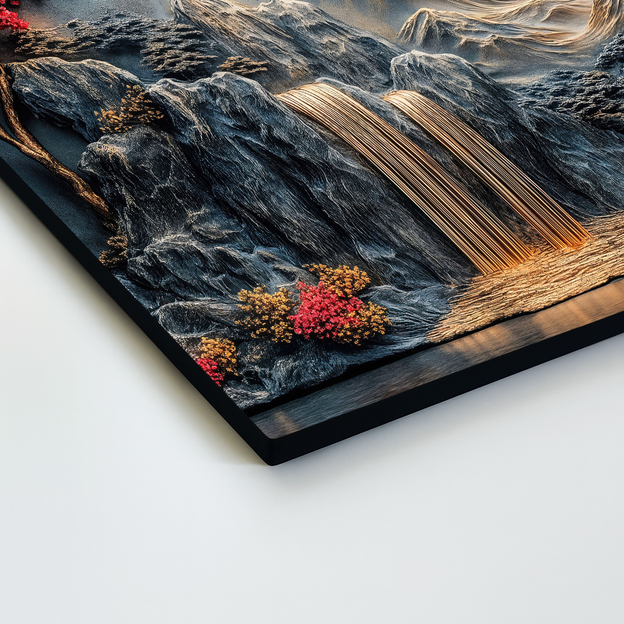 Fából készült kép - Arany hold a vízesés felett