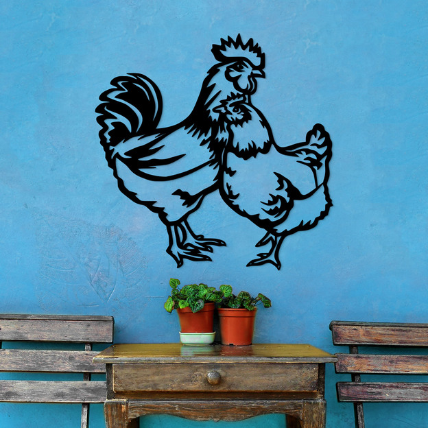 Fali dekoráció fából - Kakas tyúkkal