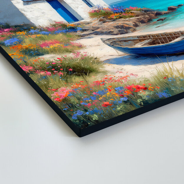 Blue painting on wood - Boat on the beach